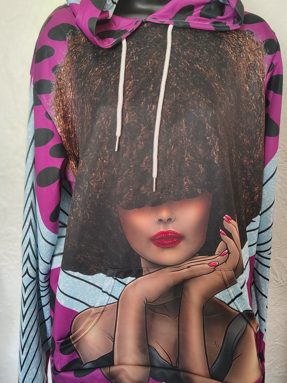 Graphic Afro Woman Hooded Pullover - Bold Pink & Black Sz Lg